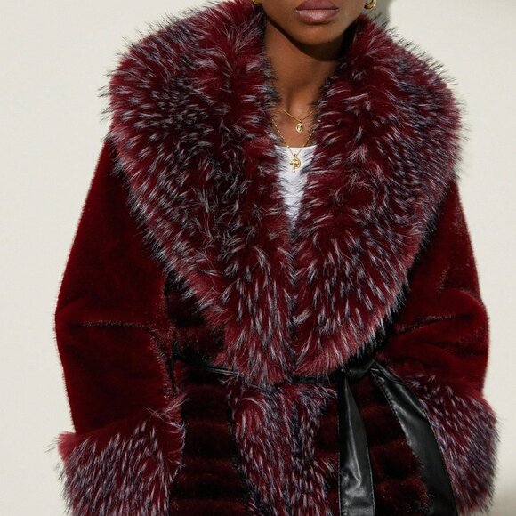 Burgundy Casual Slim Fit Women's Faux Fur Coat - Picture 3 of 7
